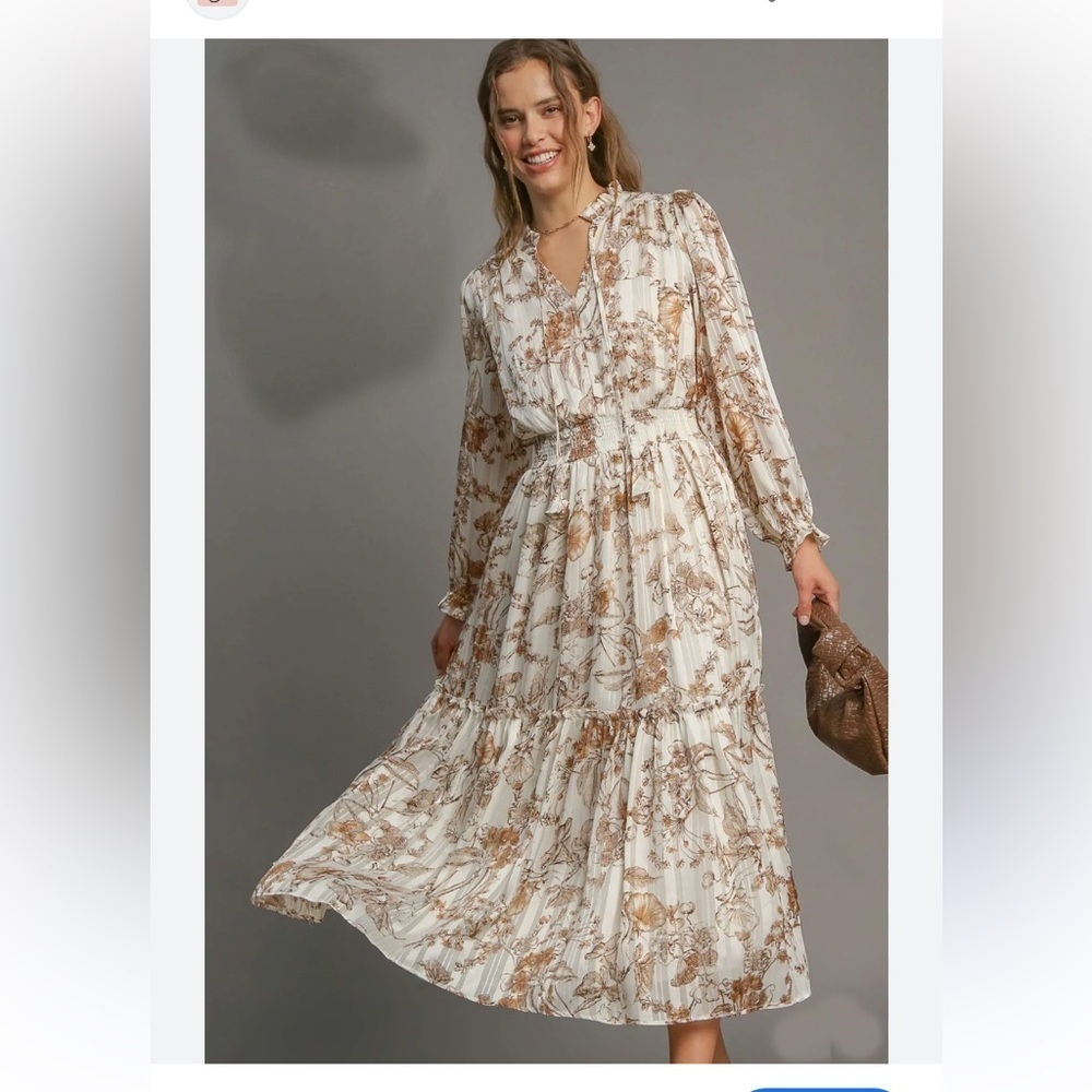 Umgee Lurex Fabric Floral Print Midi Dress Large